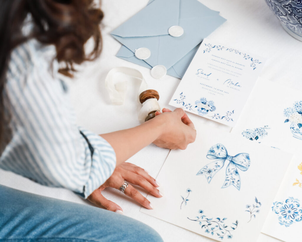 printed wedding invitations with handmade paper envelopes and wax seal